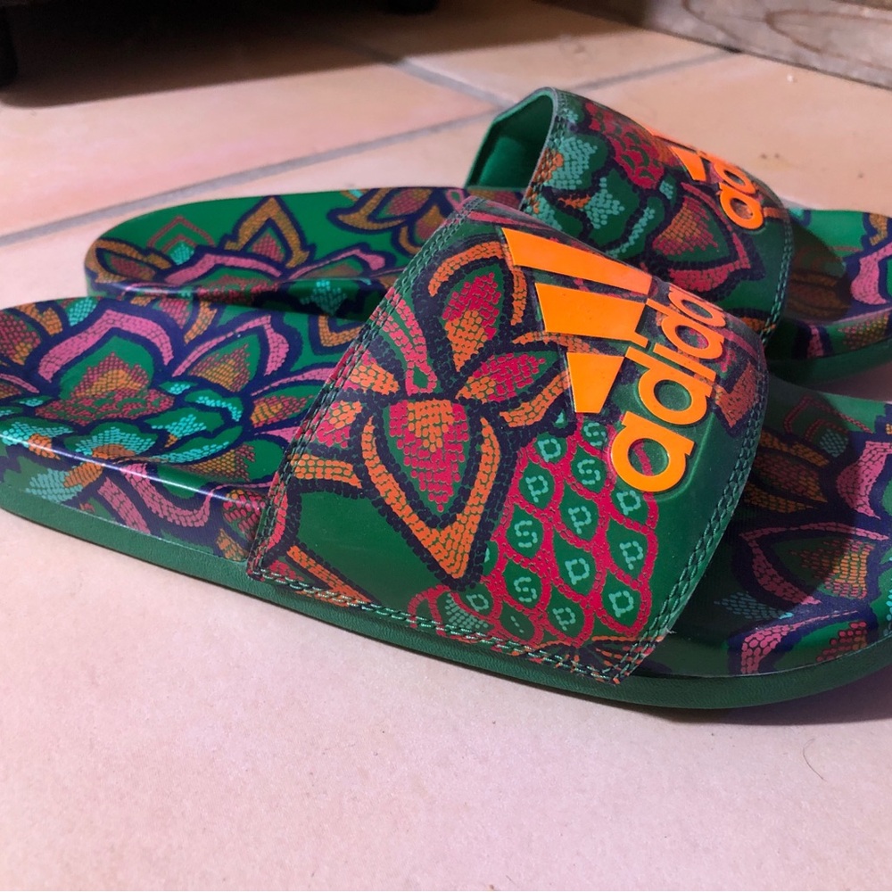 Adidas Green Slides with Orange Logo and Pattern